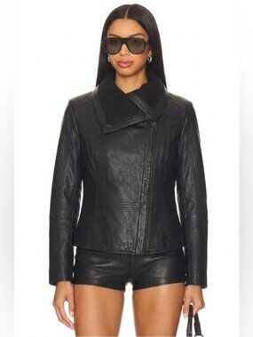 BRAND NEW BCBG Maxazria Emerson Black LEATHER fleece asymmetric zip up jacket S